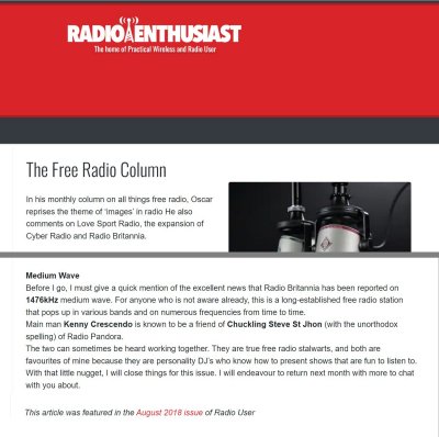 Radio Britannia in Radio User, August 2018
